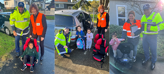 Three pics showing checkpoint staff and some of the families they spoke to.