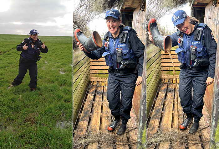 Three photos of Constable Deb Stenning before and after conditions overwhelmed her gumboots.