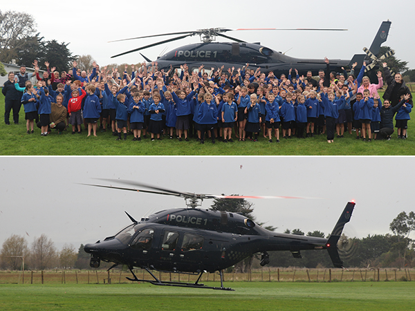 Two landscape images on top of each other. One of the Eagle helicopter, crew and school children and one of Eagle landing.