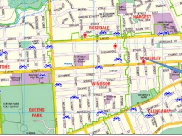 Map showing bicycle thefts in Invercargill 