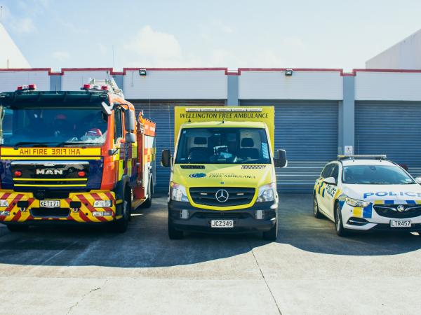 All emergency services photo of fire, police and ambulance vehicles