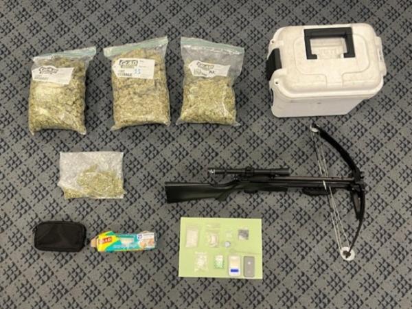 One person was arrested following the discovery of drugs and a crossbow in a vehicle in Karaka.