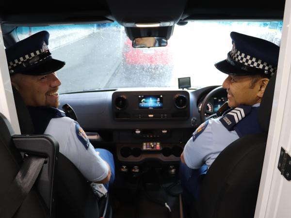 Constable Nick Atherley, left, and Sergeant Arnold Politini get the MPB on the road.