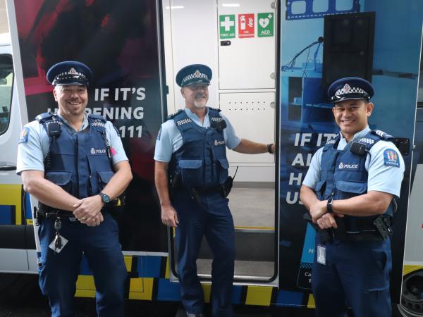 Constable Nick Atherley, Sergeant Ian Osland and Sergeant Arnold Politini at the door of the MPB.  