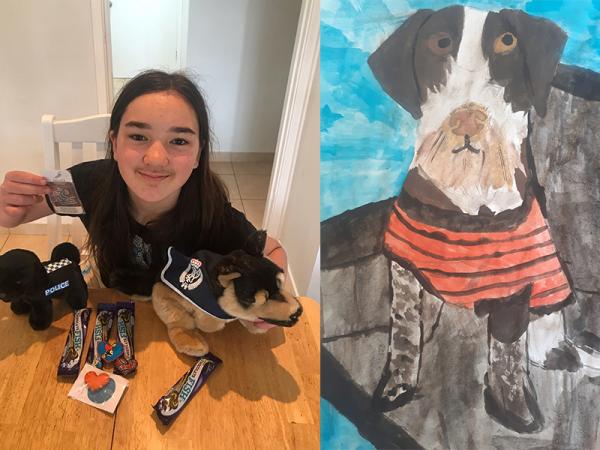 Helaina and her soft toys from the NZ Police, along with a chocolate fish or two.