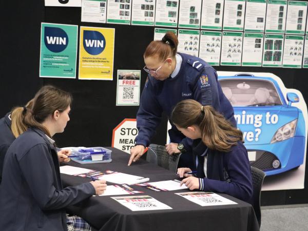 Senior Constable Chris Leppien takes students through some driving test tips.