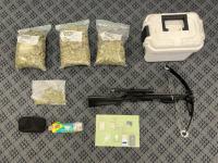 One person was arrested following the discovery of drugs and a crossbow in a vehicle in Karaka.